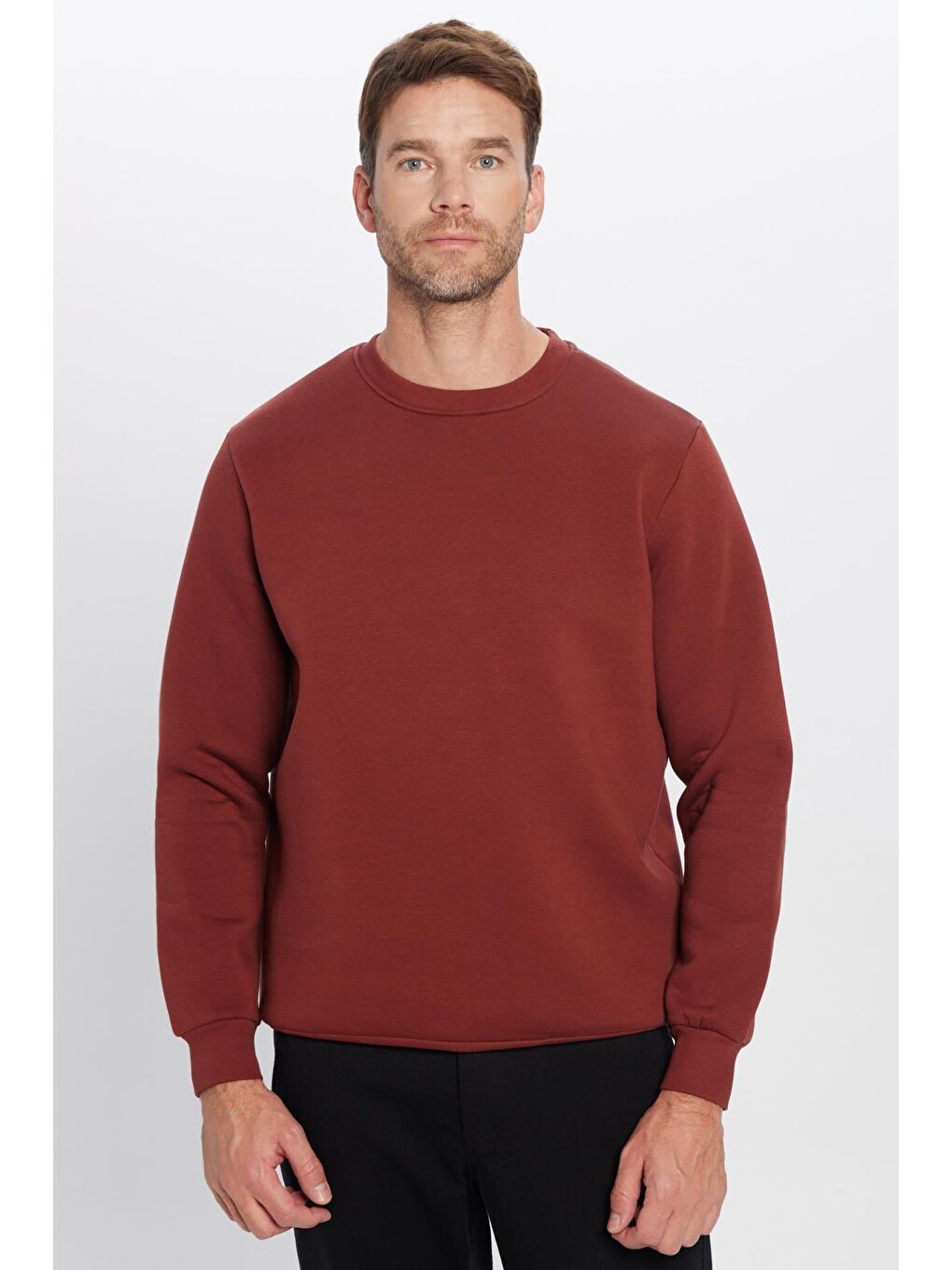 Unisex Relax Fit Rahat Kesim Pamuklu 3 İplik İçi Polarlı Basic Kahverengi Bisiklet Yaka Sweatshirt-4