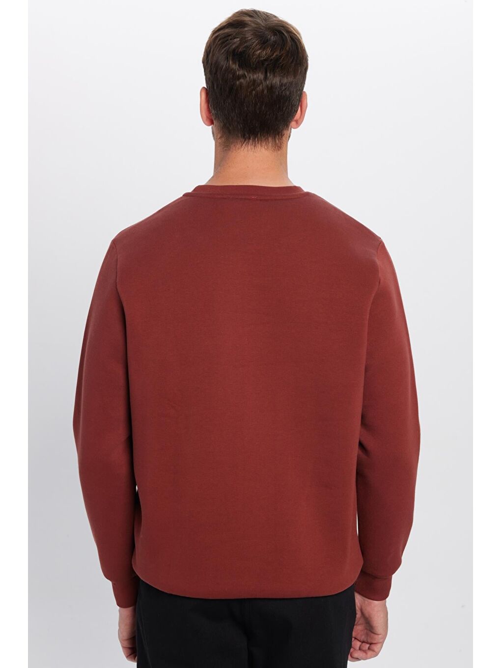 Unisex Relax Fit Rahat Kesim Pamuklu 3 İplik İçi Polarlı Basic Kahverengi Bisiklet Yaka Sweatshirt-5