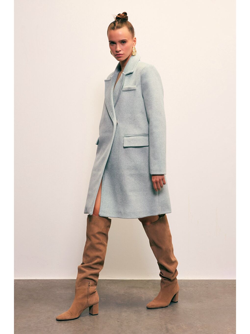 Yeşil Cepli Kaşe Kaban - Mint-1