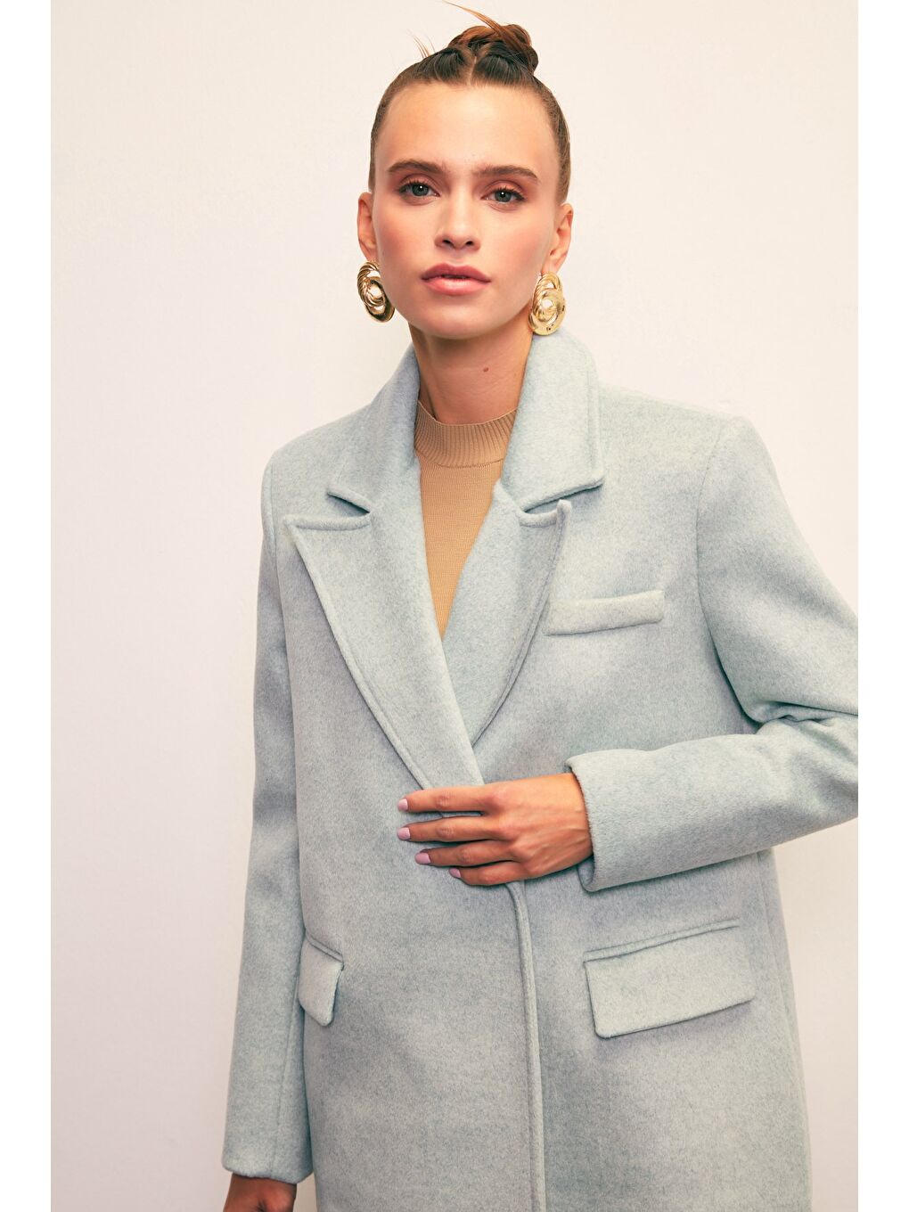 Yeşil Cepli Kaşe Kaban - Mint-3