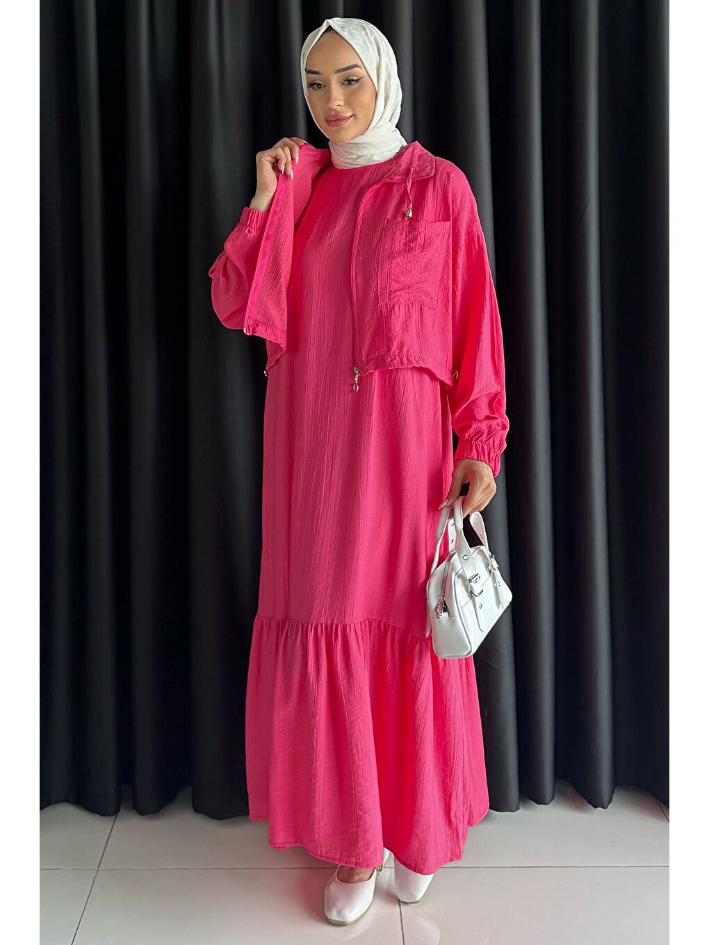 Fuşya Etek Ucu Fırfırlı Bel Lastikli Hırka Kombinli Tesettür Elbise-1