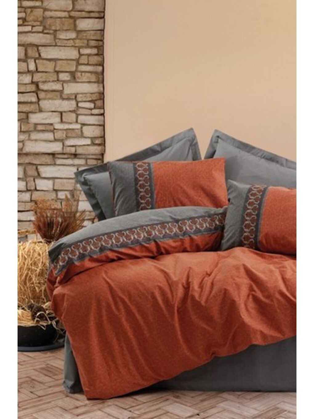 Karışık Pamuk Box Folk Ark Çift Kişilik Nevresim Takımı Tamaya Kiremit