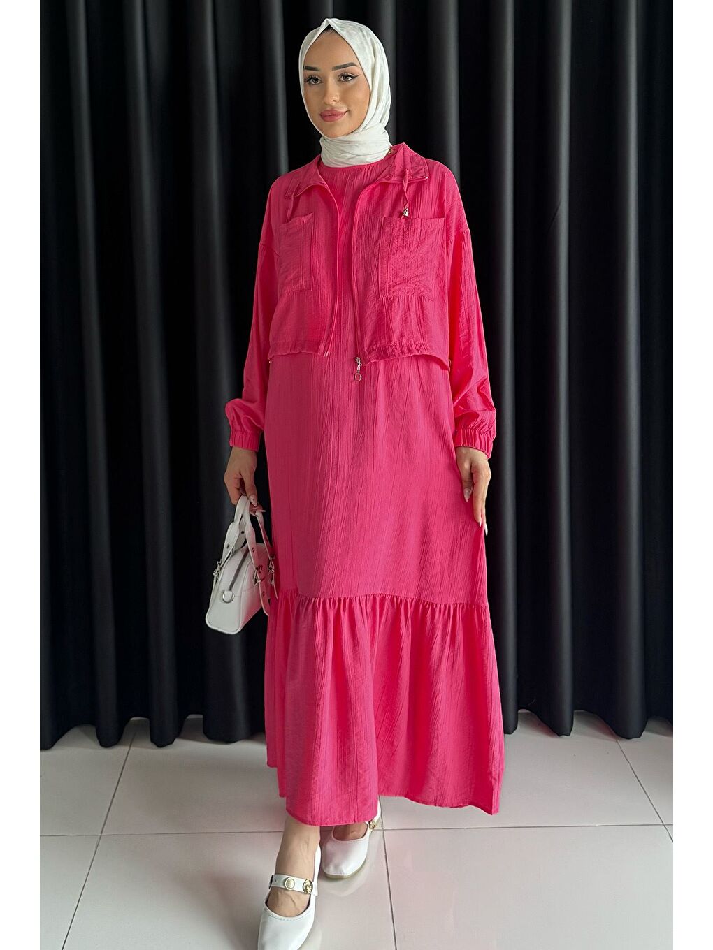Fuşya Etek Ucu Fırfırlı Bel Lastikli Hırka Kombinli Tesettür Elbise-3