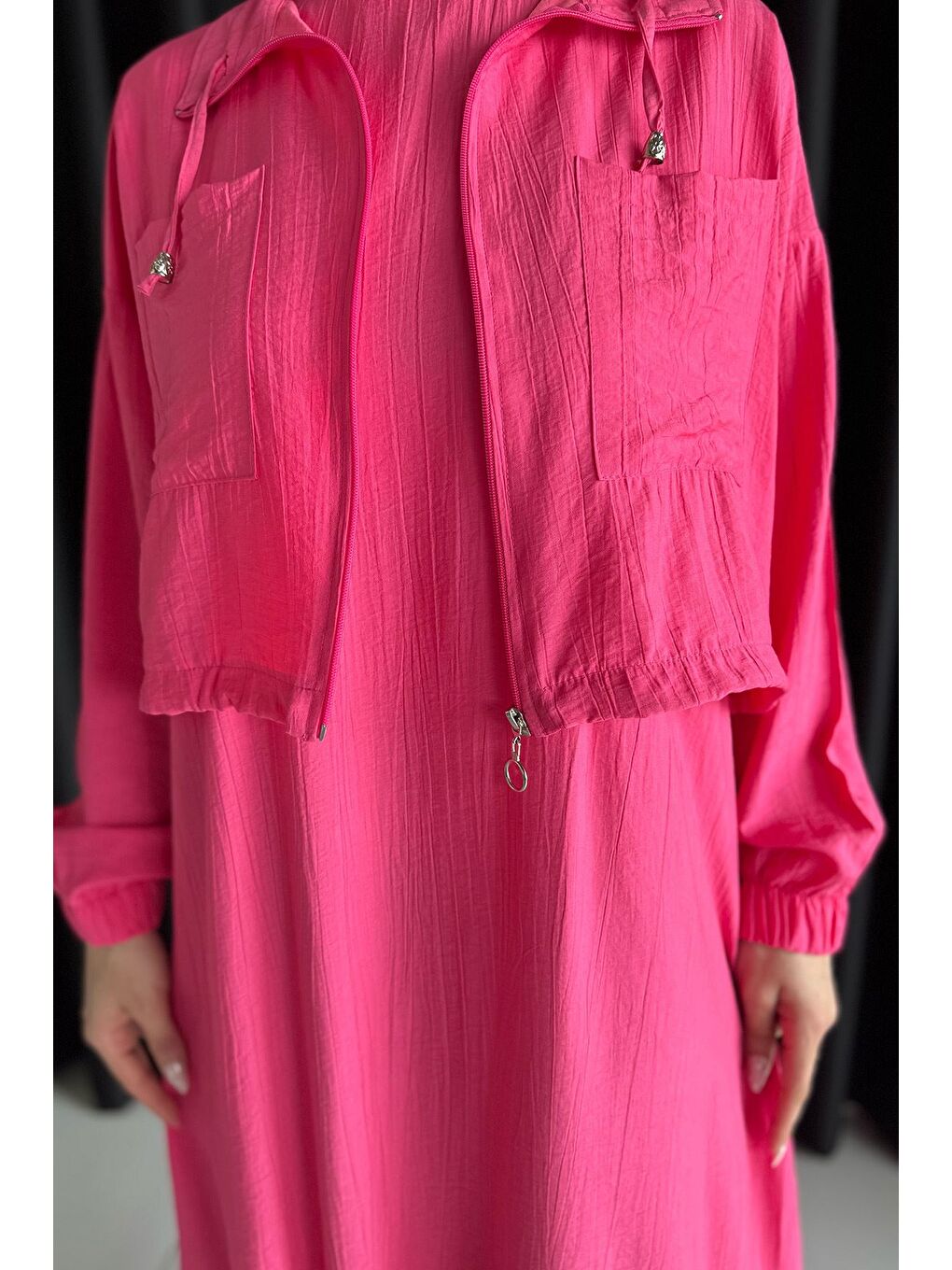 Fuşya Etek Ucu Fırfırlı Bel Lastikli Hırka Kombinli Tesettür Elbise-5