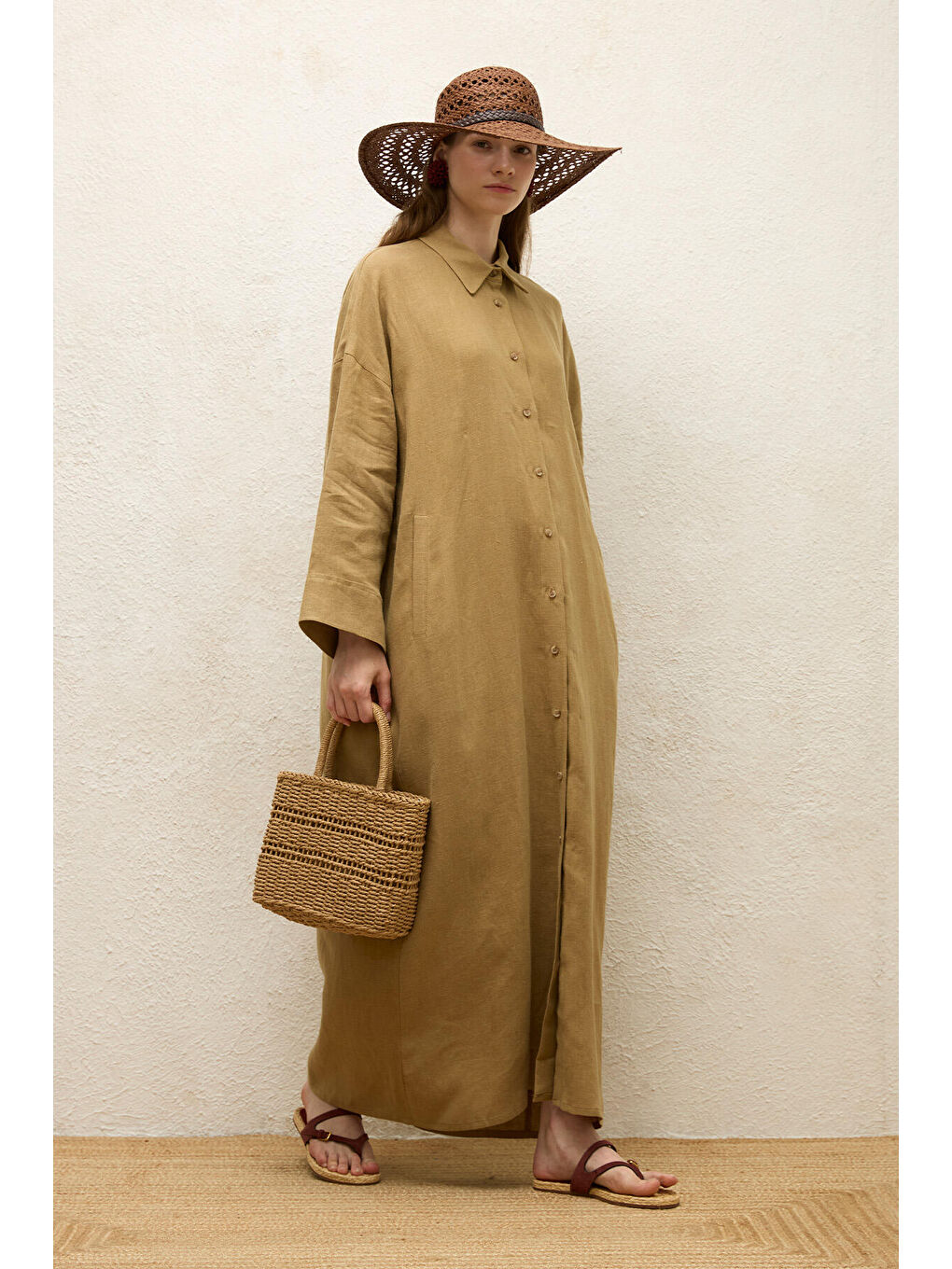 Bej Keten Elbise Sahra-1