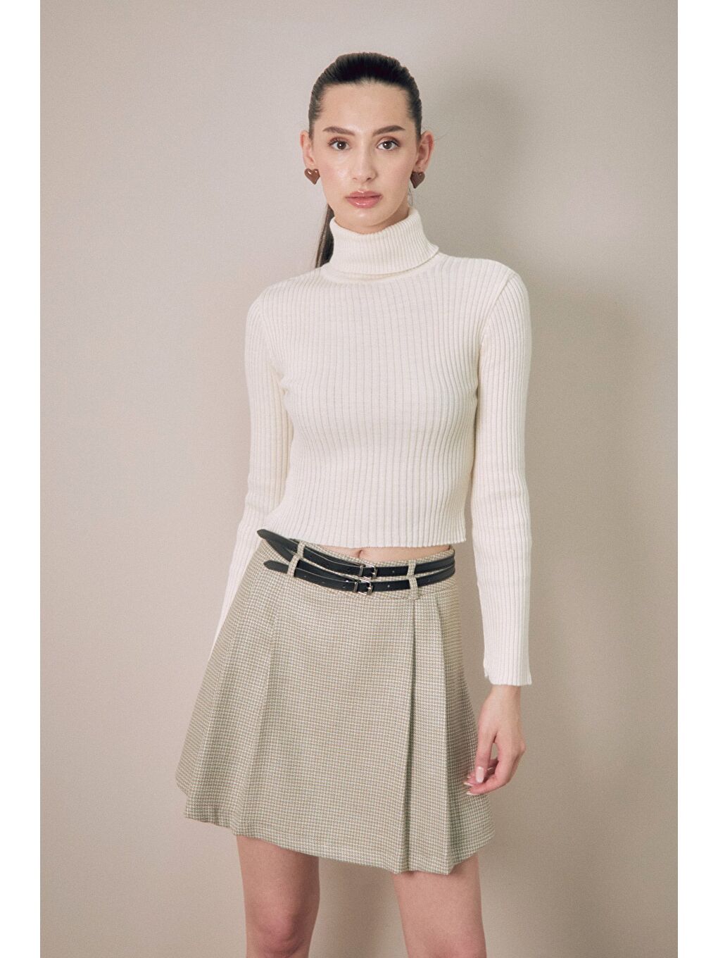 Bej Fitilli Balıkçı Yaka Triko Kazak