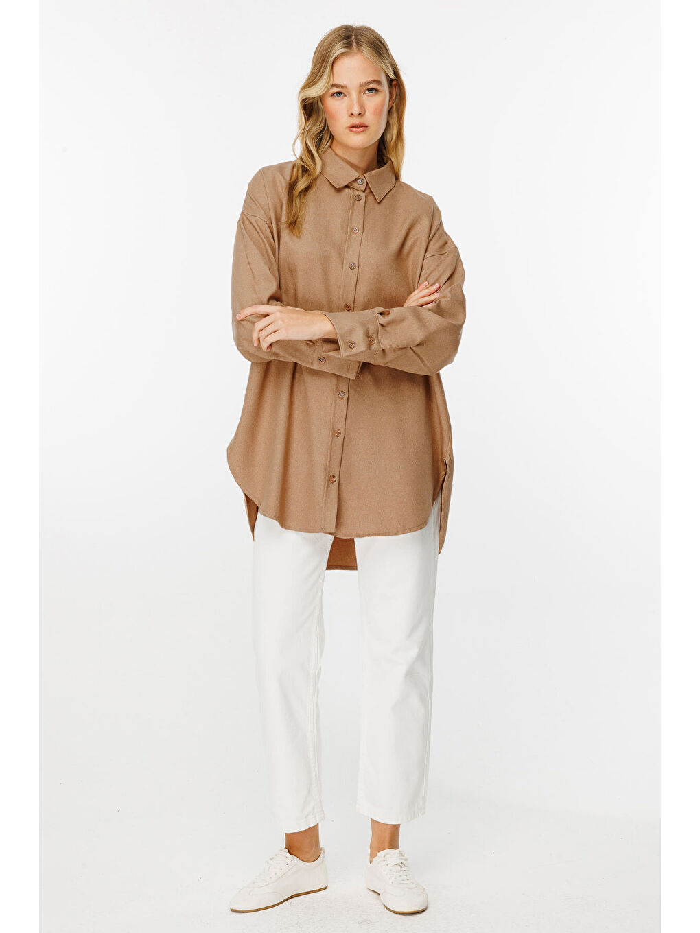 Kahverengi Premıum Dokuma Kumaş Oversıze Camel Gömlek-1