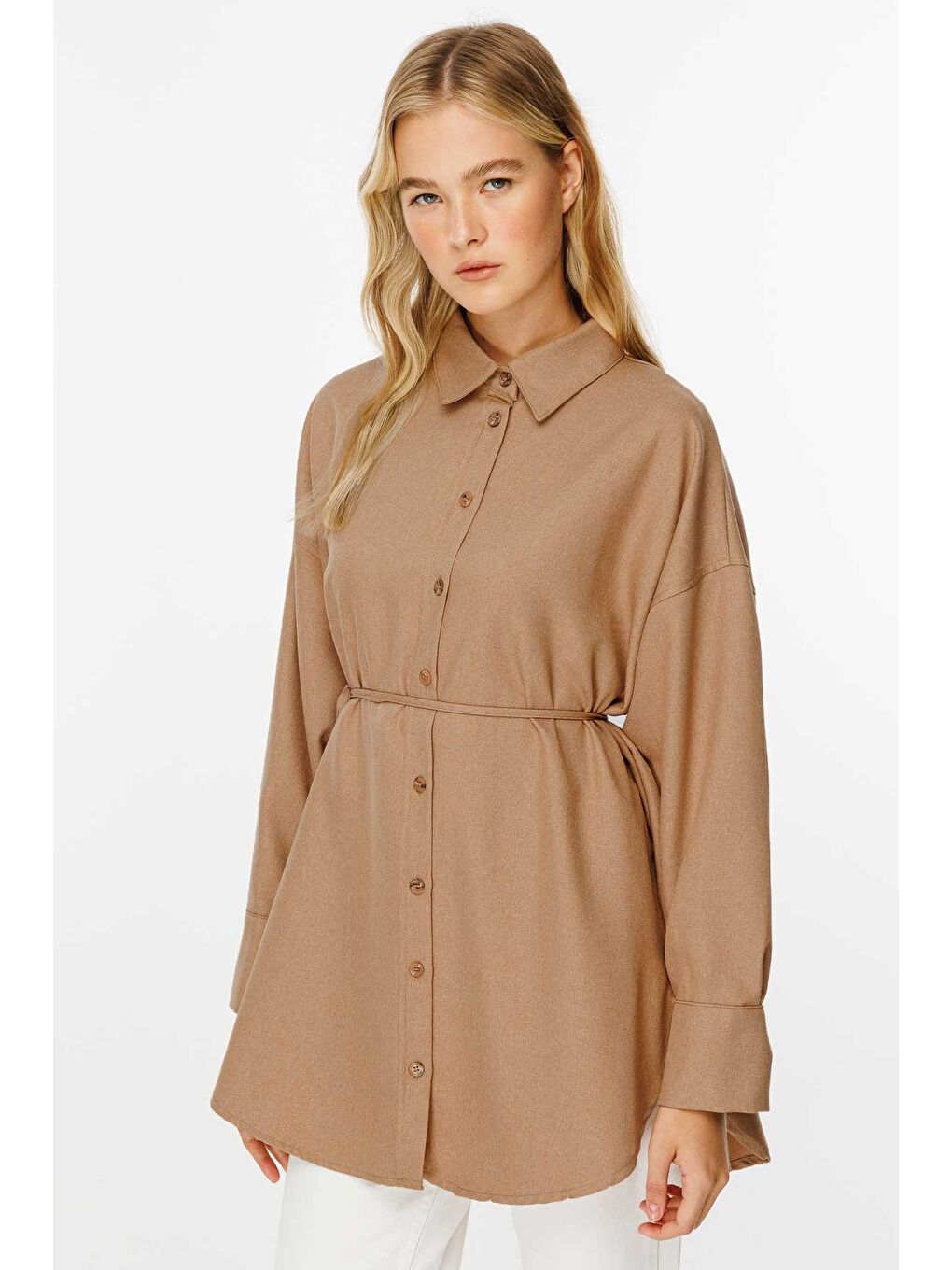 Kahverengi Premıum Dokuma Kumaş Oversıze Camel Gömlek-2