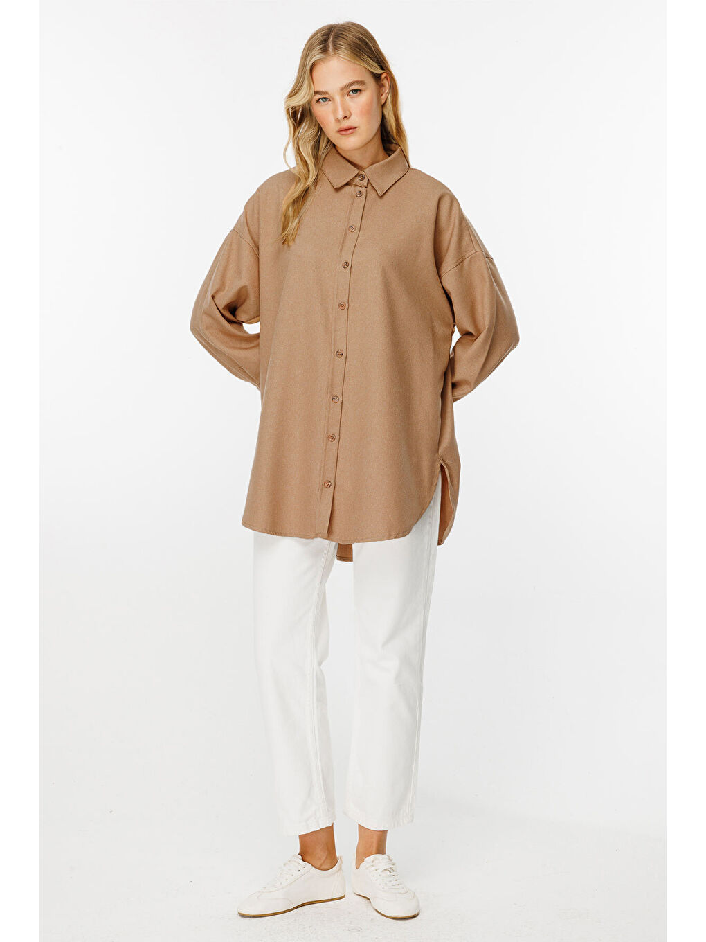 Kahverengi Premıum Dokuma Kumaş Oversıze Camel Gömlek-3