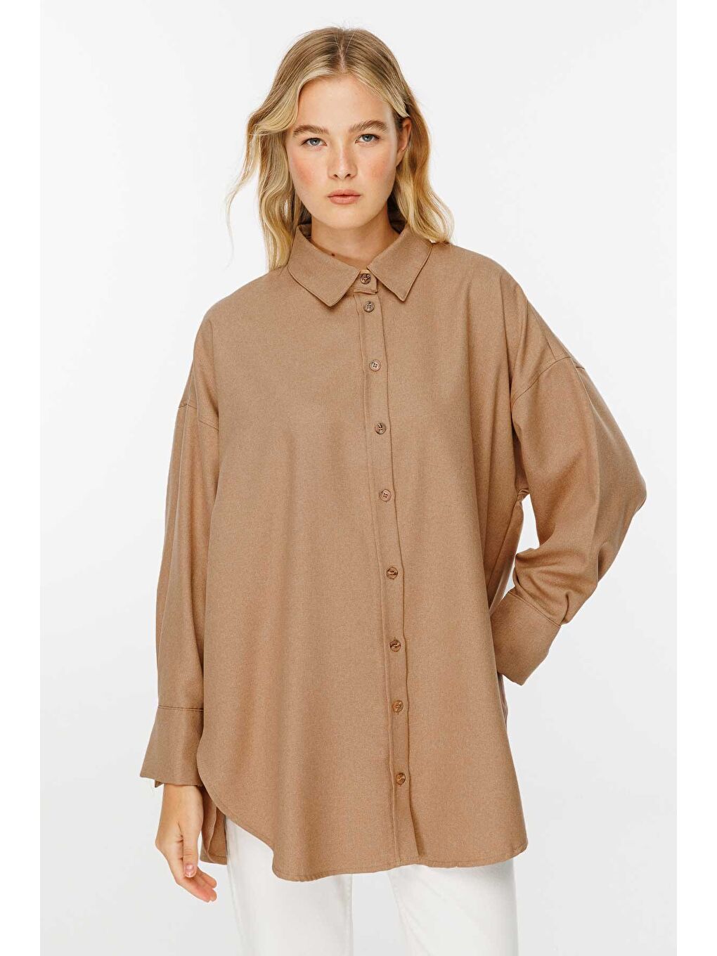 Kahverengi Premıum Dokuma Kumaş Oversıze Camel Gömlek-4