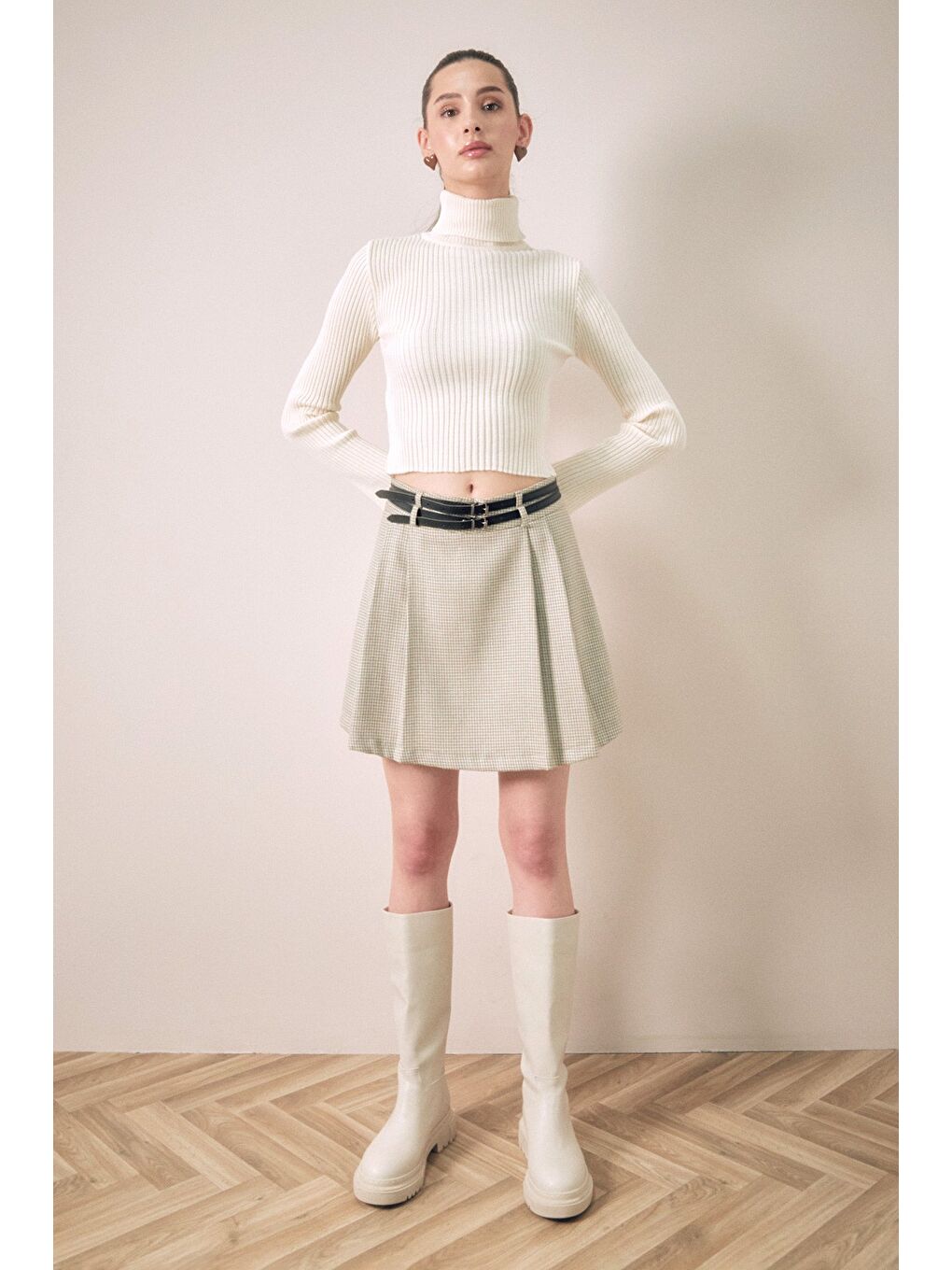 Bej Fitilli Balıkçı Yaka Triko Kazak-1