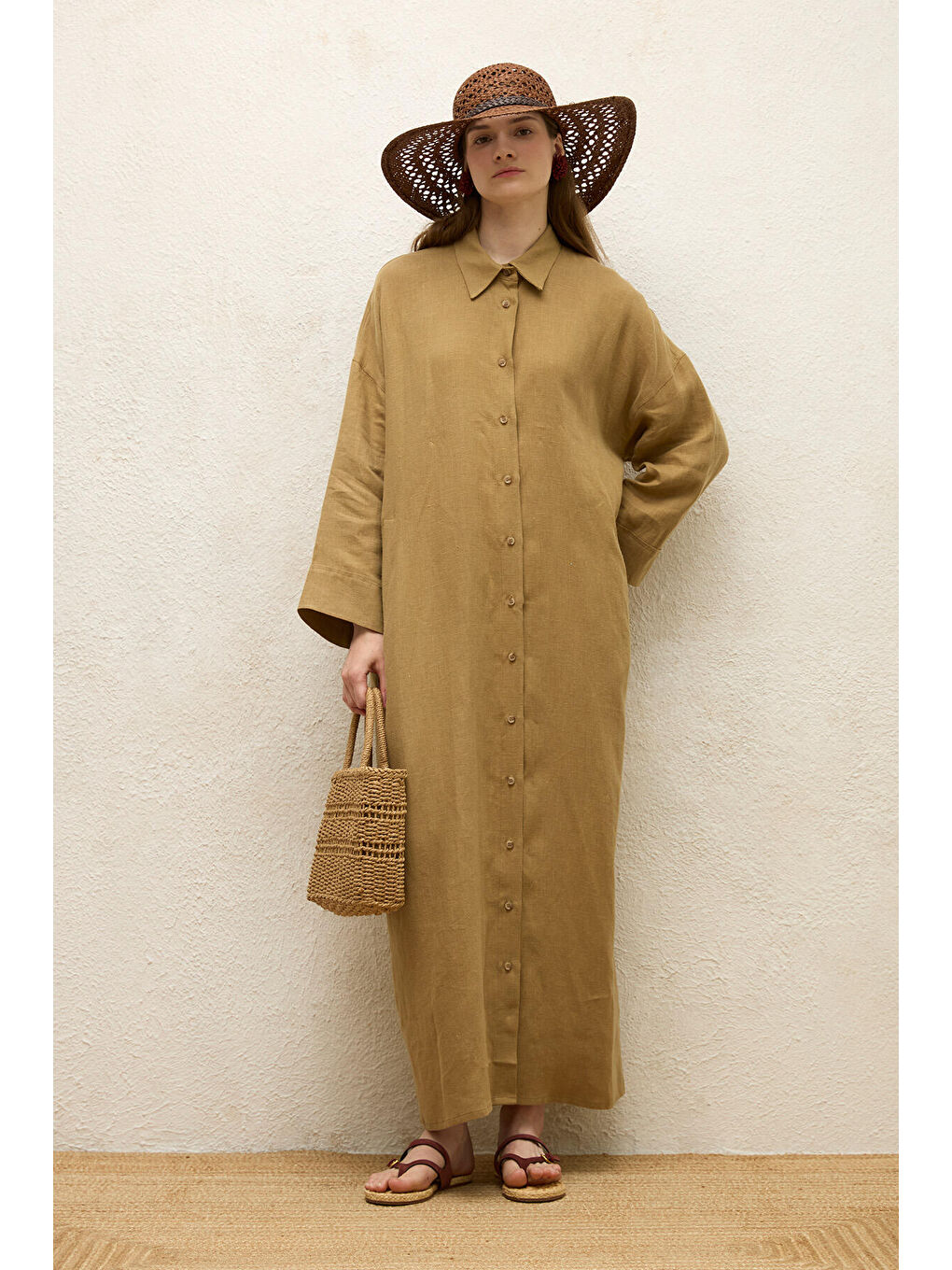 Bej Keten Elbise Sahra-2