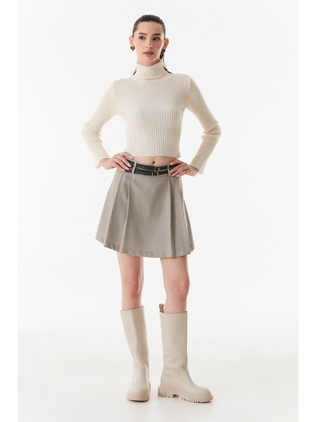 Bej Fitilli Balıkçı Yaka Triko Kazak-2