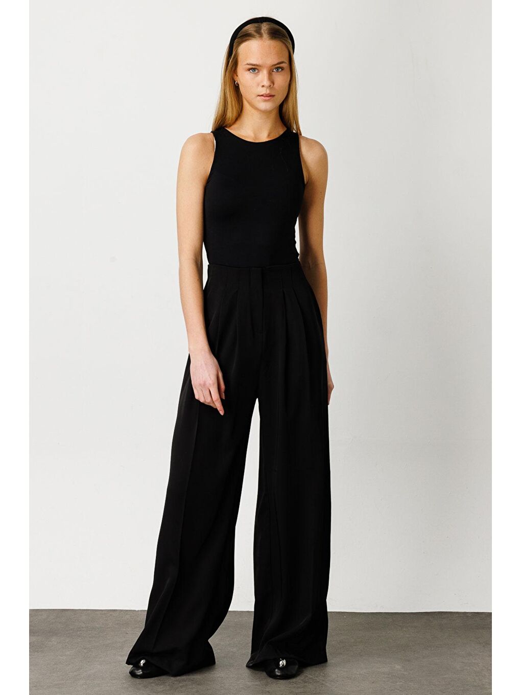 Pileli Palazzo Pantolon - Siyah-1