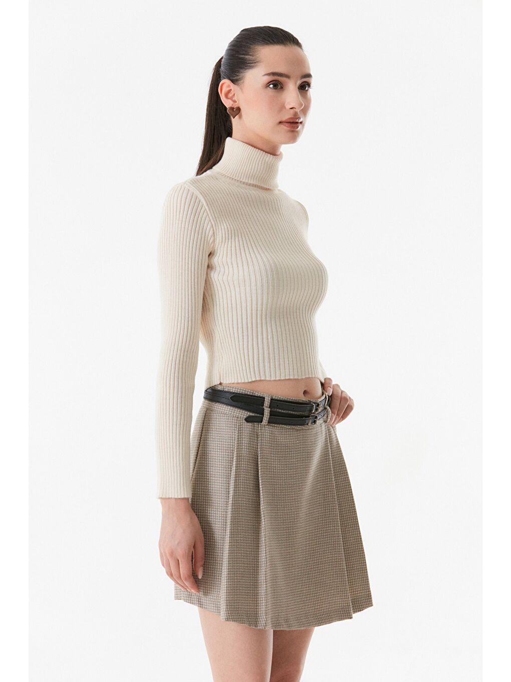 Bej Fitilli Balıkçı Yaka Triko Kazak-3