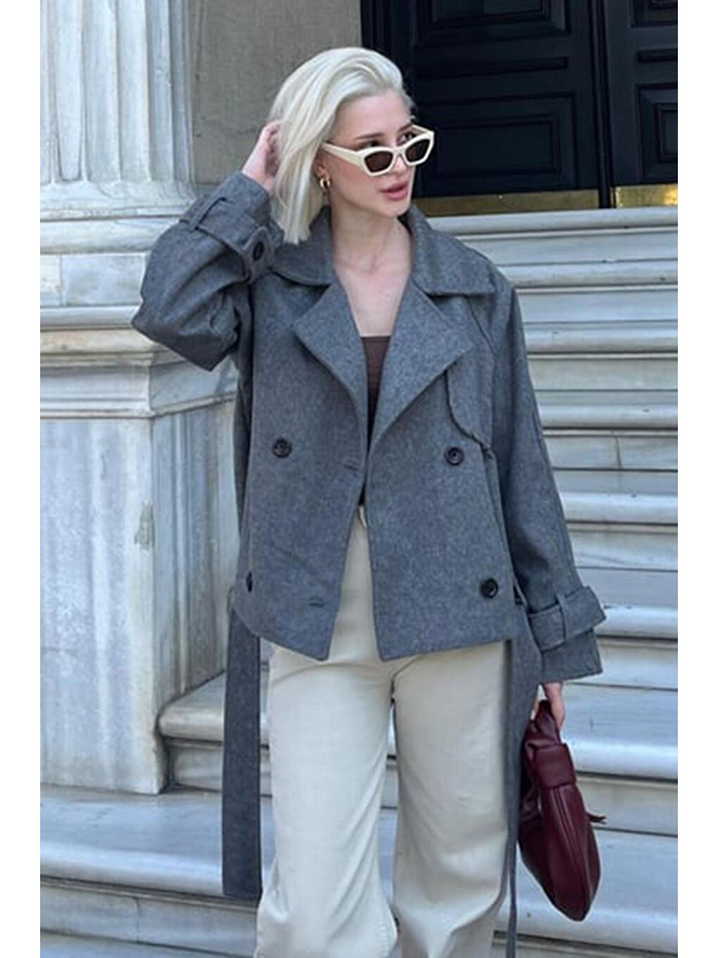 Antrasit Düğmeli Kruvaze Yaka Kısa Kemerli Ceket Mg2174