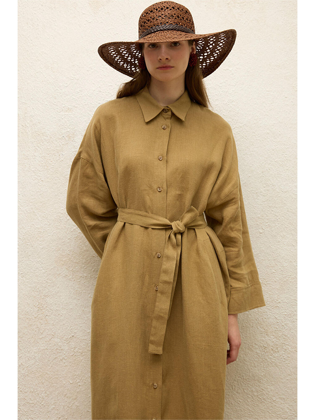 Bej Keten Elbise Sahra-3