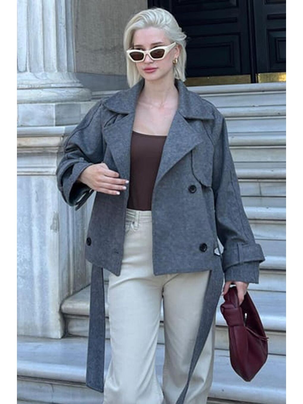 Antrasit Düğmeli Kruvaze Yaka Kısa Kemerli Ceket Mg2174-1