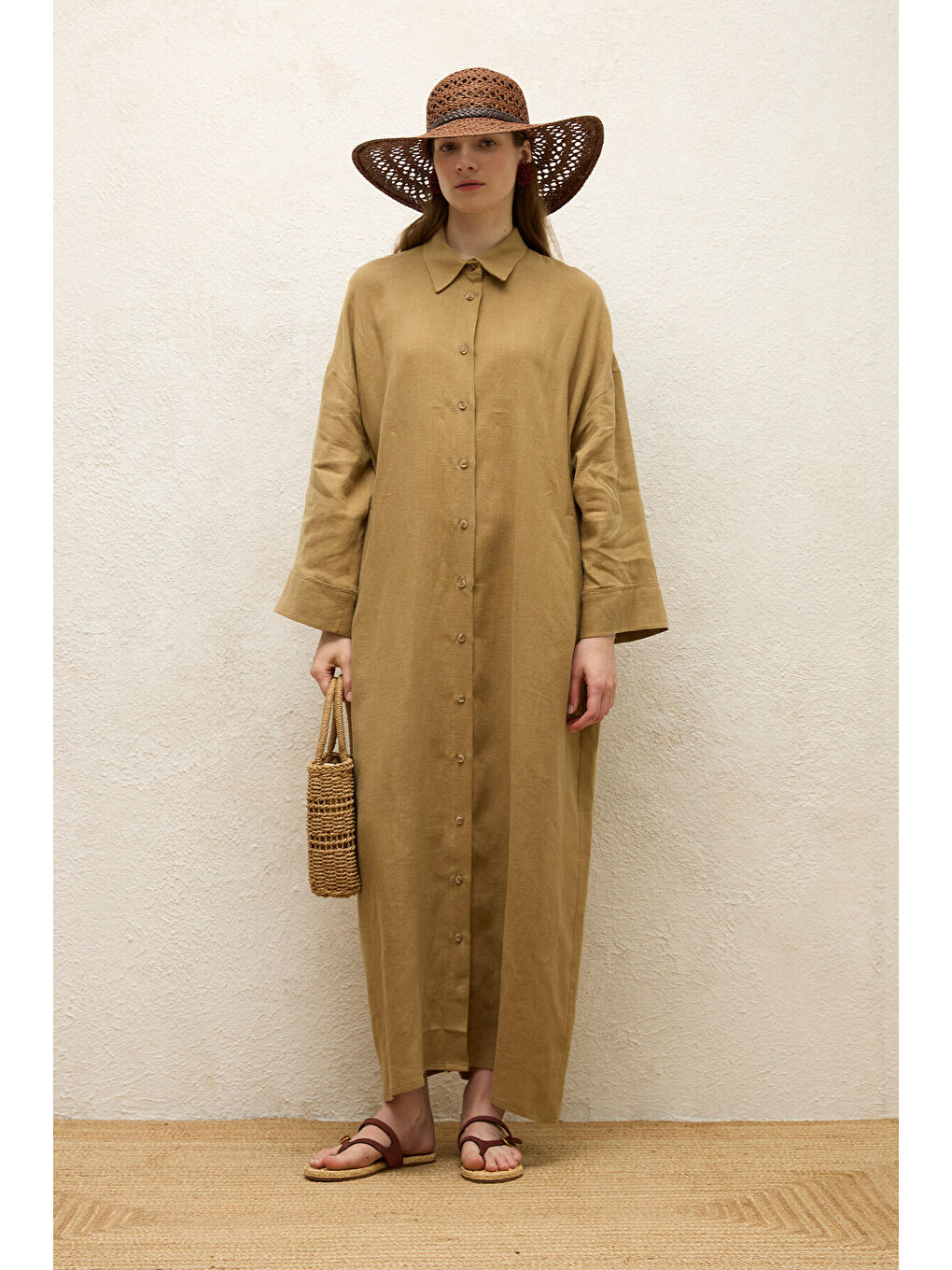 Bej Keten Elbise Sahra-4