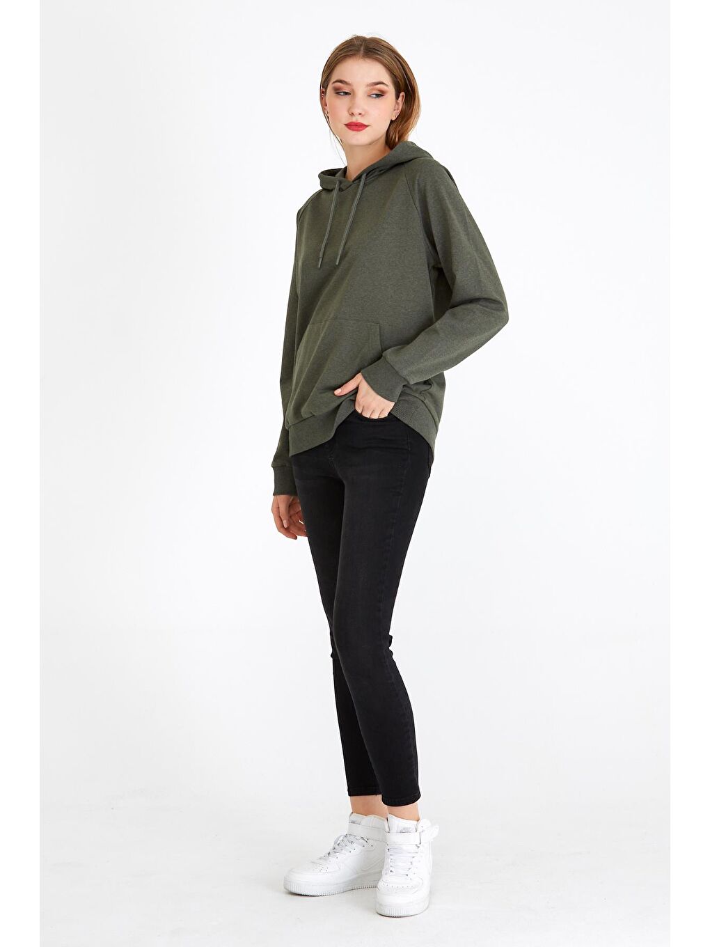 Kadın Haki Renk Kapüşonlu Basic Örme Sweatshirt-1