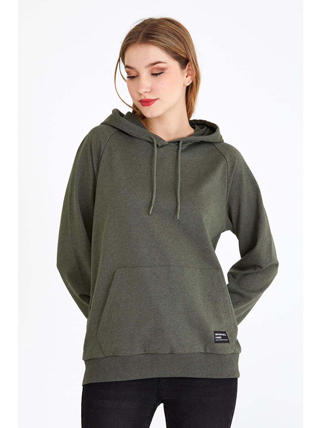 Kadın Haki Renk Kapüşonlu Basic Örme Sweatshirt-2