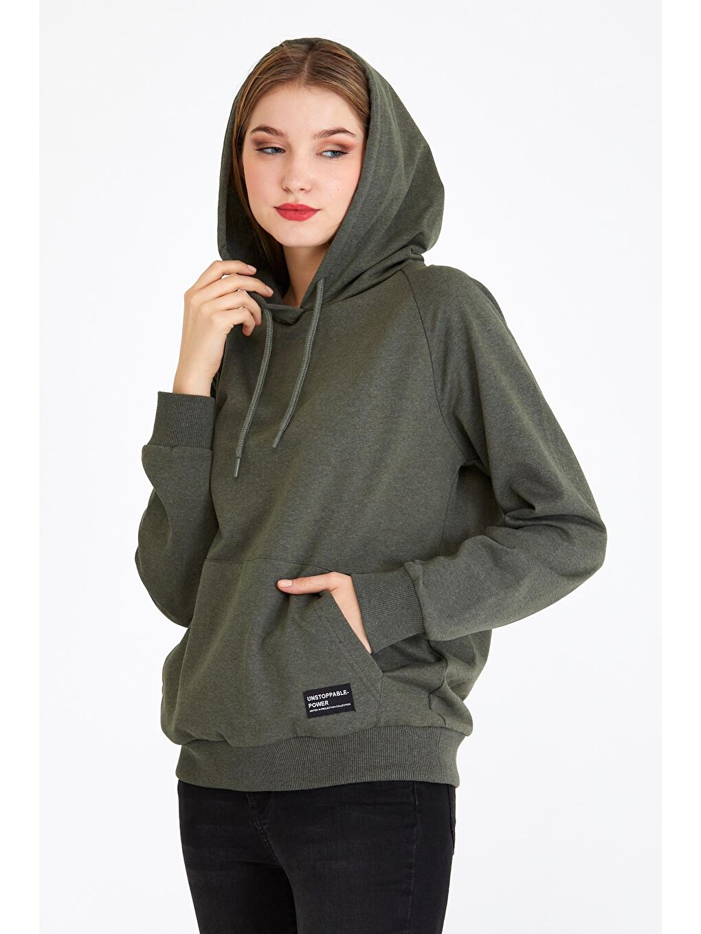 Kadın Haki Renk Kapüşonlu Basic Örme Sweatshirt-3