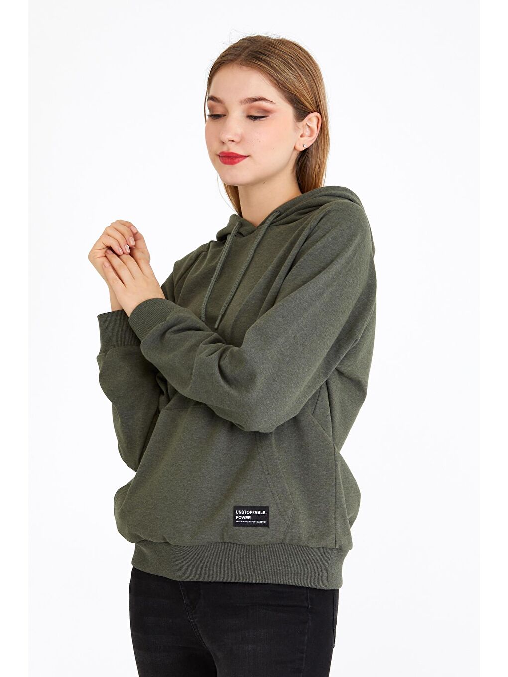 Kadın Haki Renk Kapüşonlu Basic Örme Sweatshirt-4