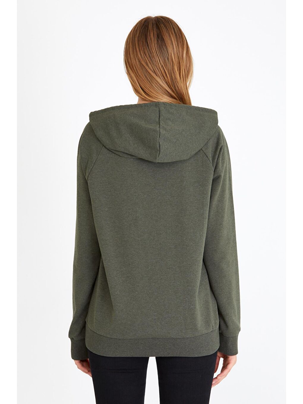 Kadın Haki Renk Kapüşonlu Basic Örme Sweatshirt-5