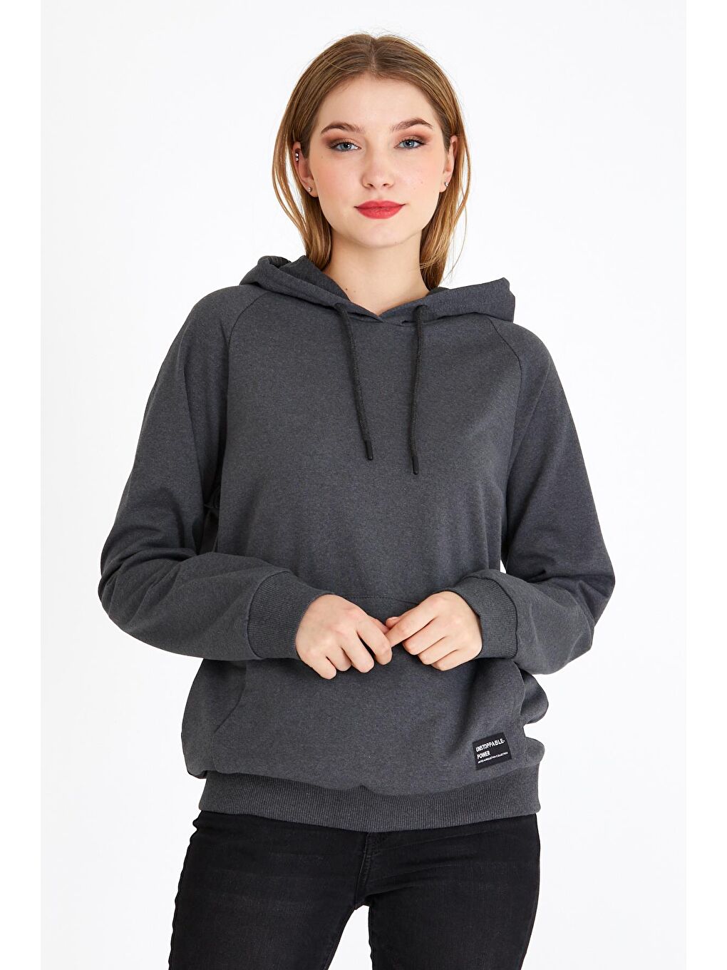 Kadın Antrasit Kapüşonlu Basic Örme Sweatshirt
