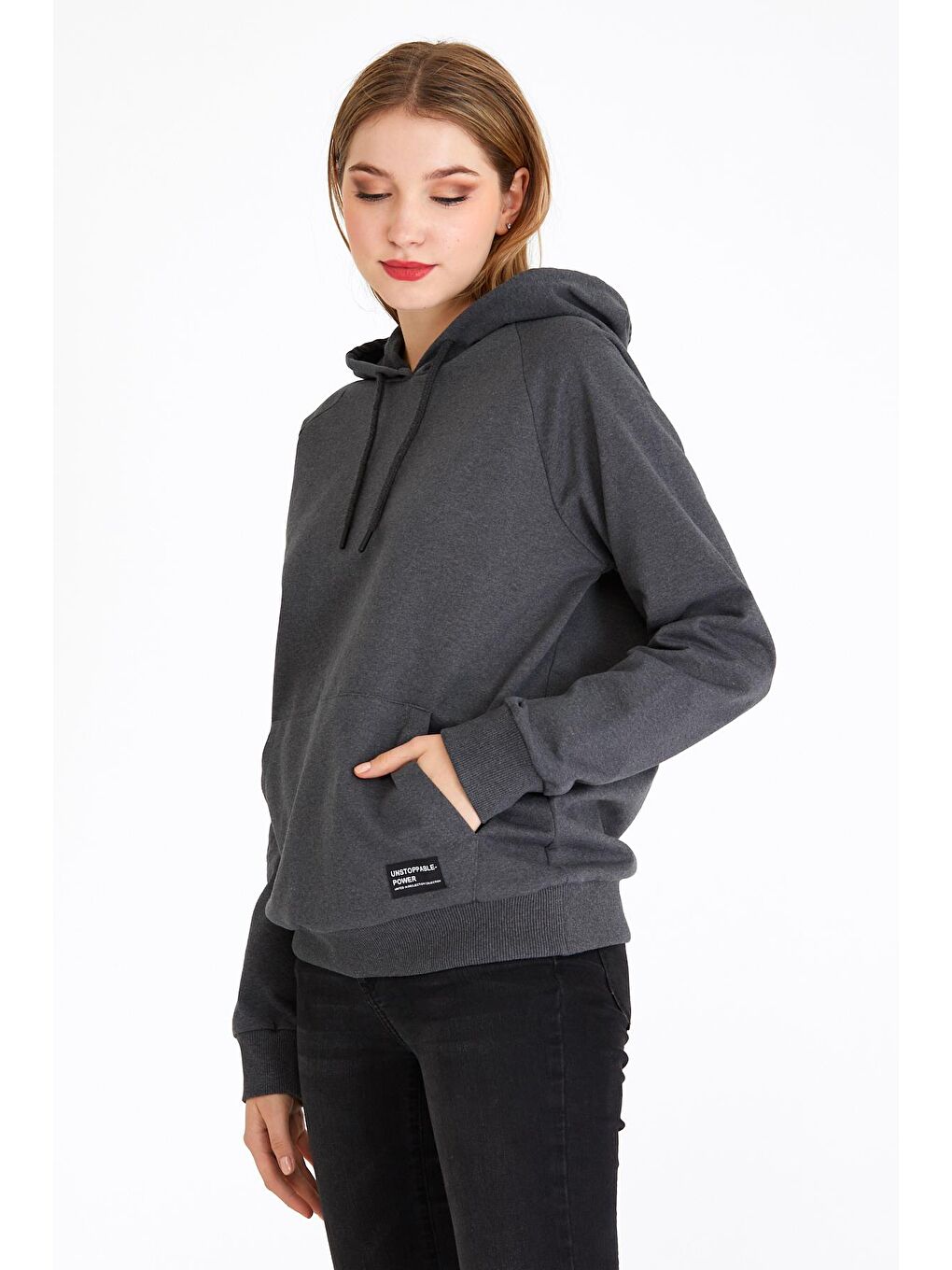 Kadın Antrasit Kapüşonlu Basic Örme Sweatshirt-1