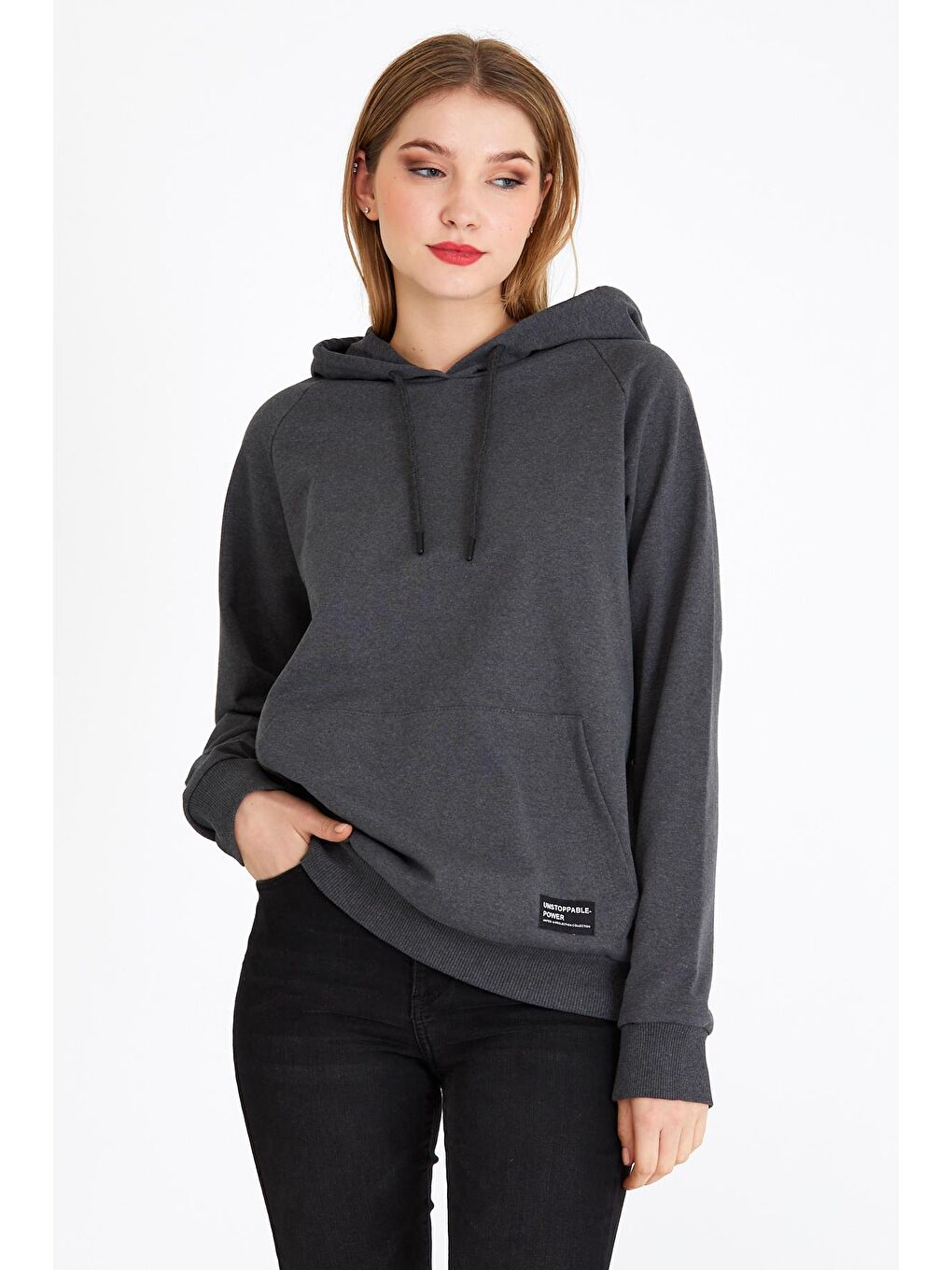 Kadın Antrasit Kapüşonlu Basic Örme Sweatshirt-2