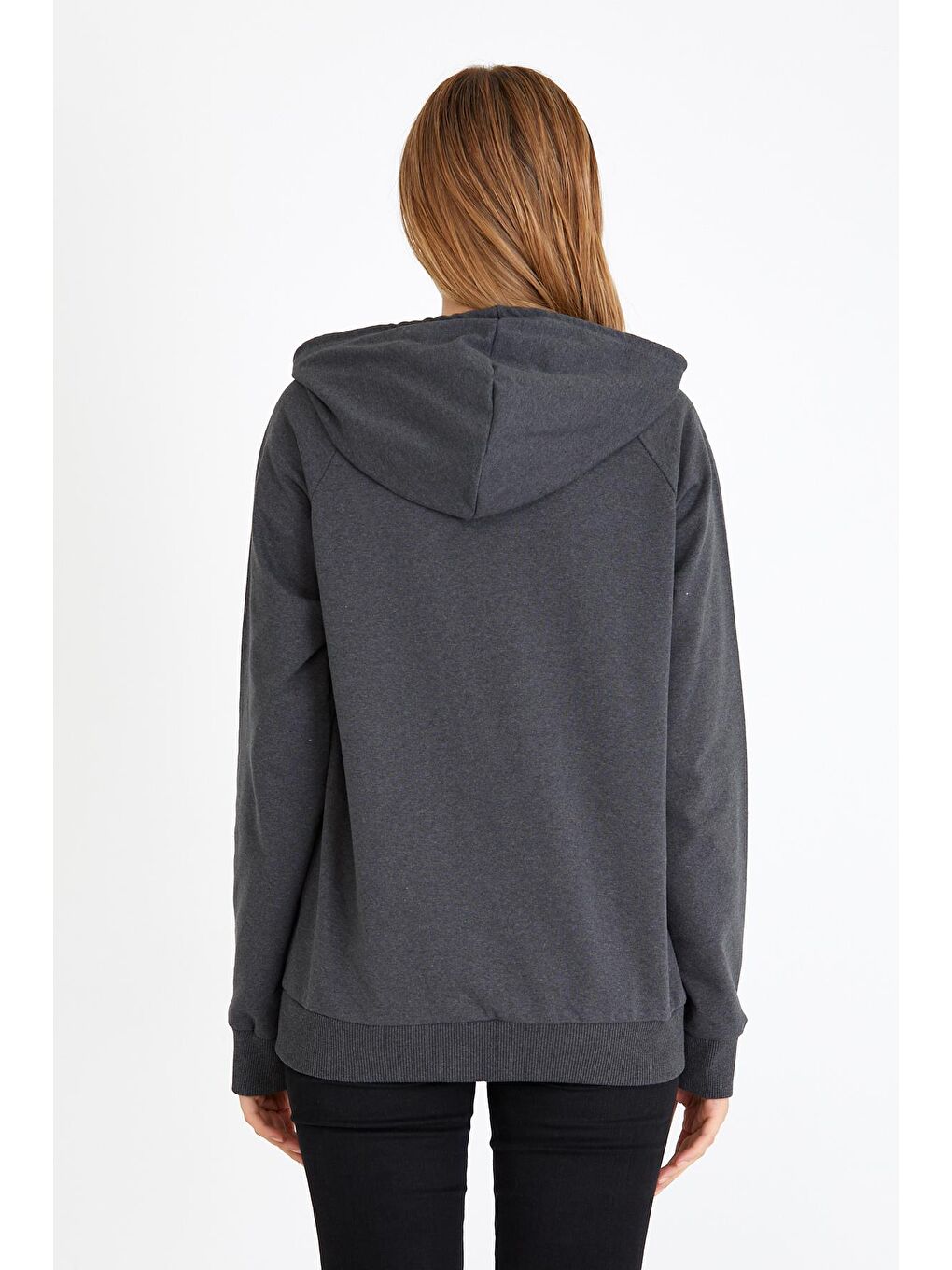 Kadın Antrasit Kapüşonlu Basic Örme Sweatshirt-5