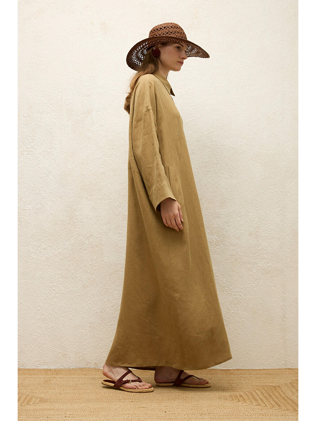 Bej Keten Elbise Sahra-5