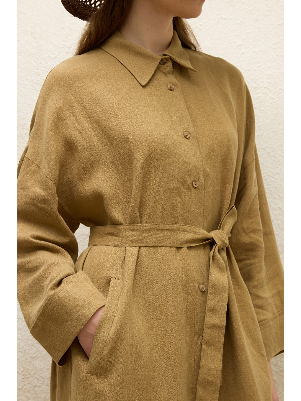 Bej Keten Elbise Sahra-6