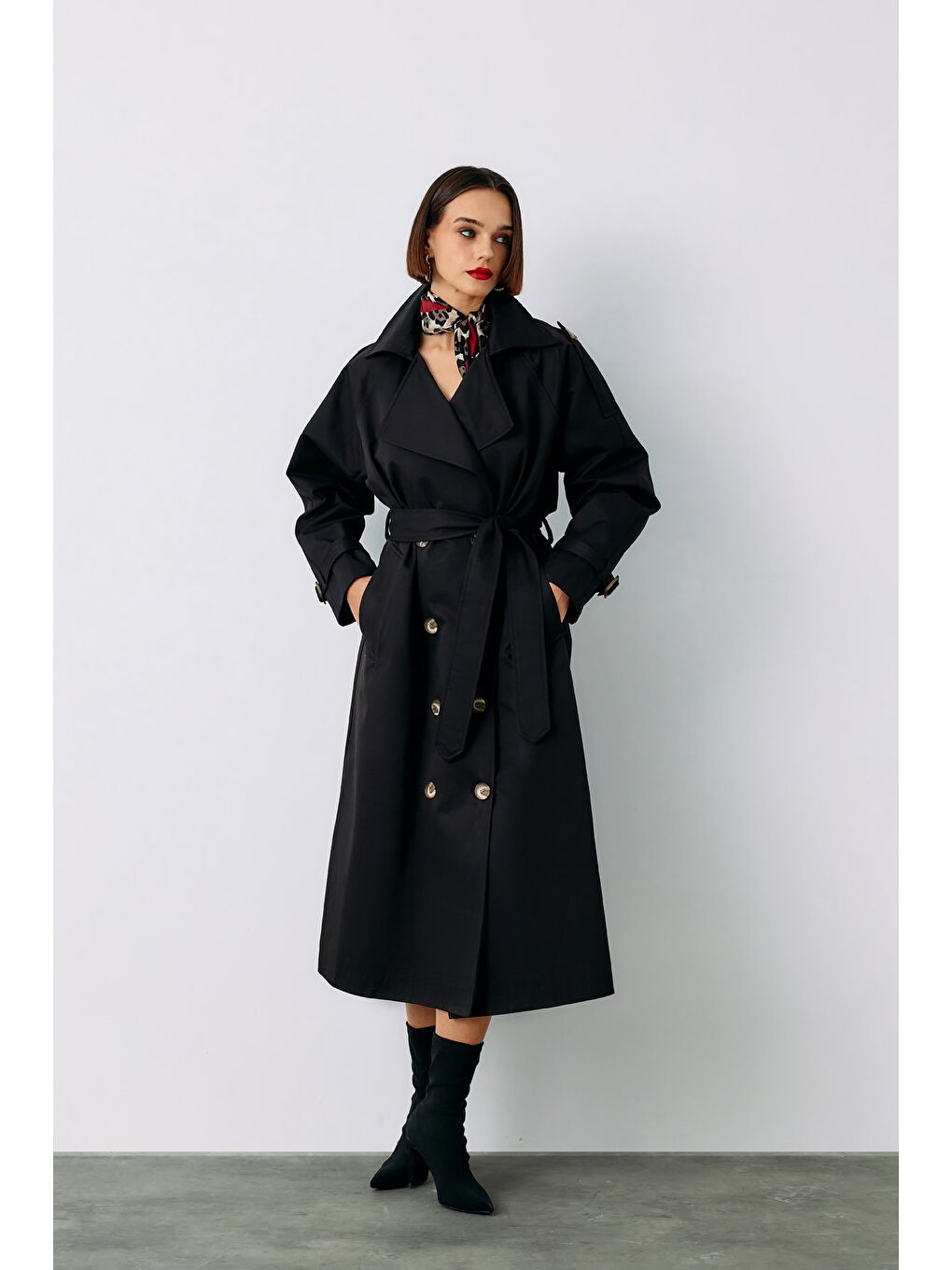 Kuşaklı Uzun Trenç - Siyah