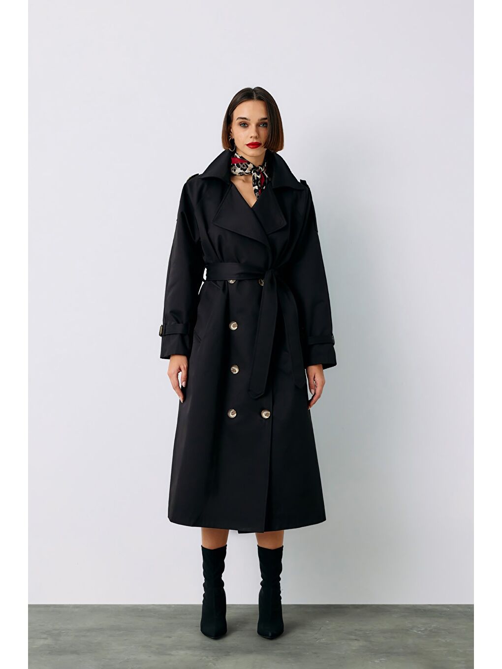 Kuşaklı Uzun Trenç - Siyah-1