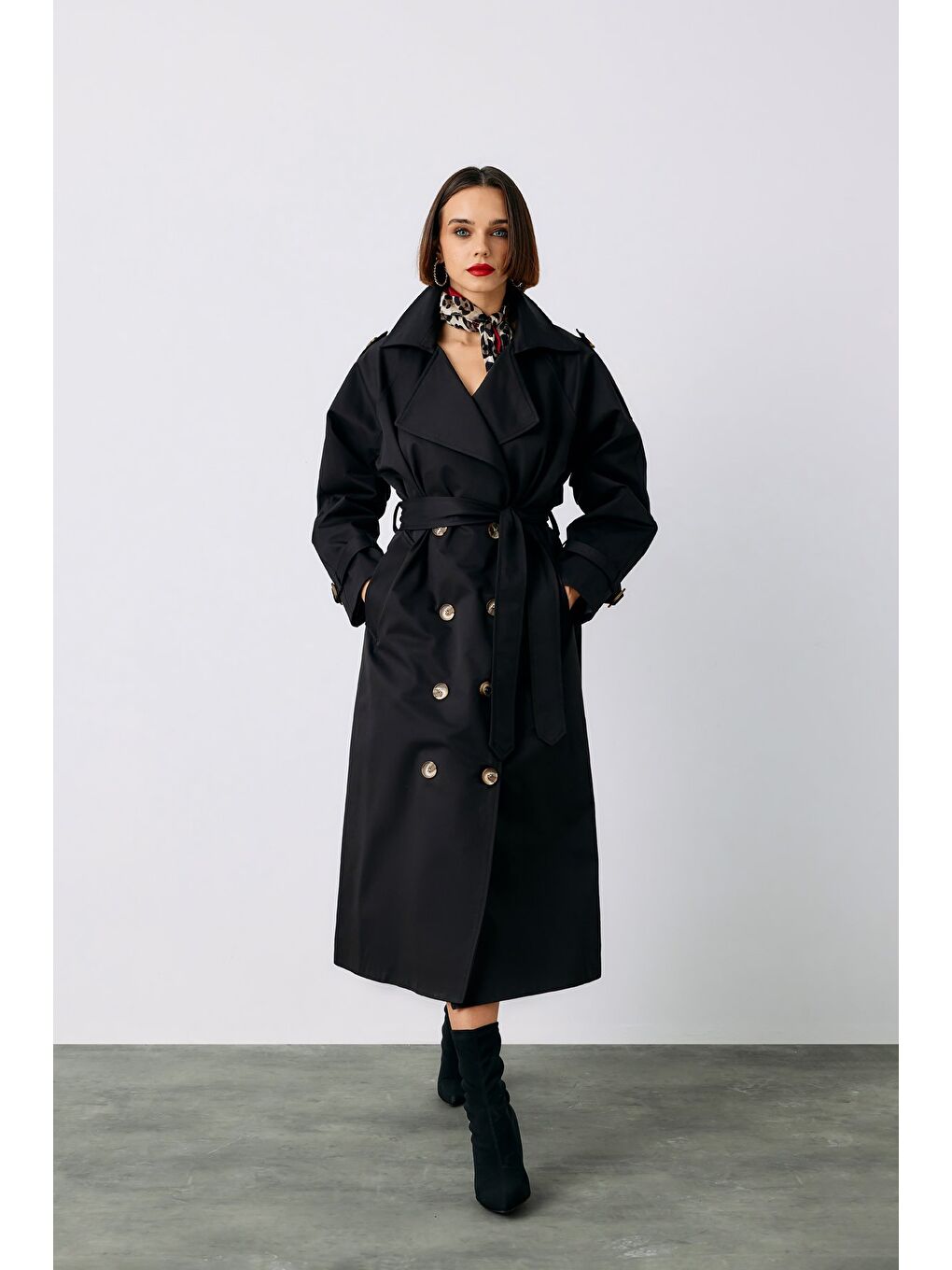 Kuşaklı Uzun Trenç - Siyah-2