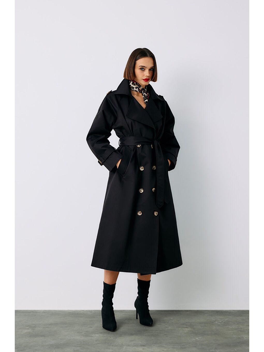 Kuşaklı Uzun Trenç - Siyah-3