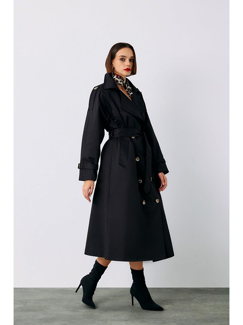 Kuşaklı Uzun Trenç - Siyah-4