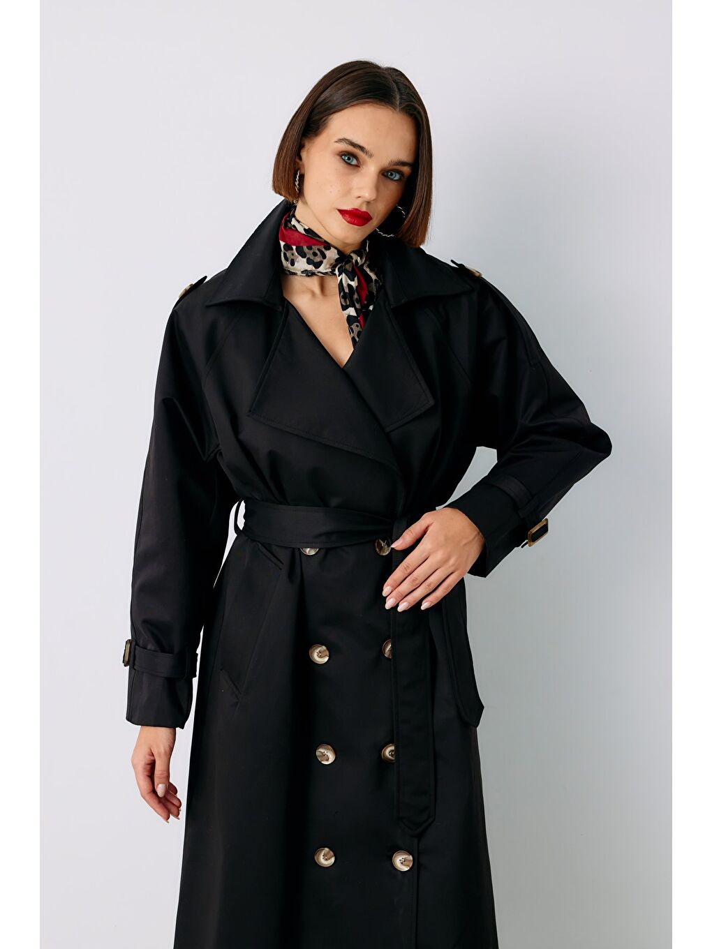 Kuşaklı Uzun Trenç - Siyah-5