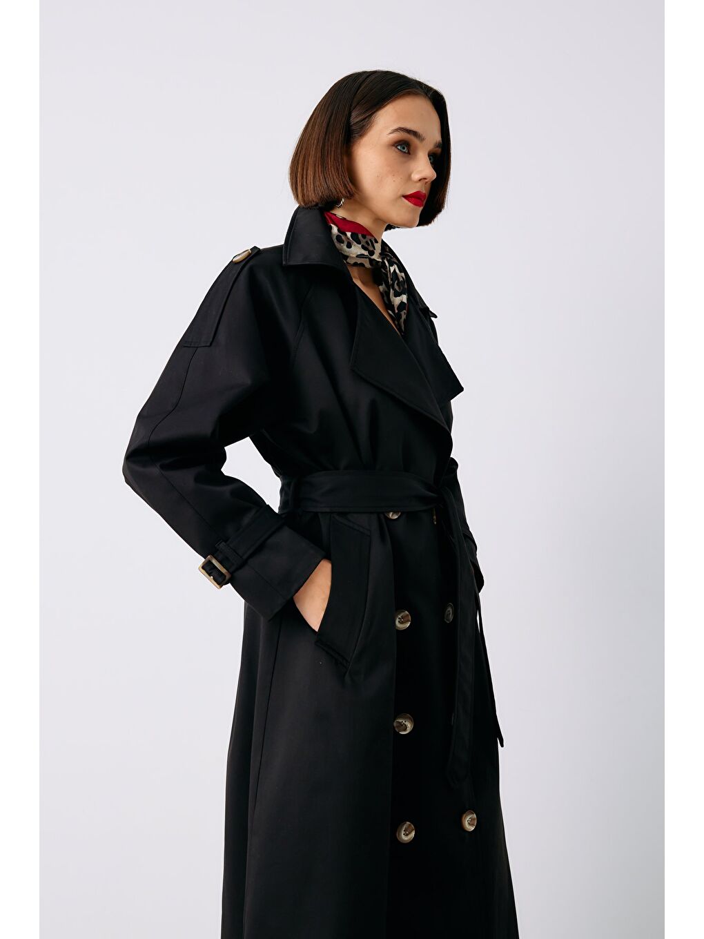 Kuşaklı Uzun Trenç - Siyah-6