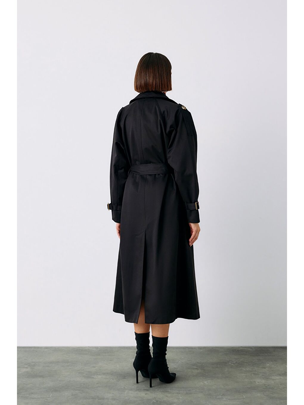 Kuşaklı Uzun Trenç - Siyah-7