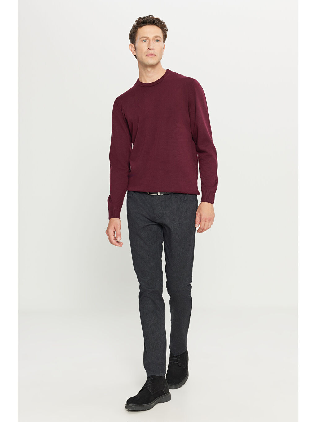 Erkek Bordo Anti-Pilling Tüylenme Yapmayan Standart Fit Normal Kesim Bisiklet Yaka Triko Kazak-1