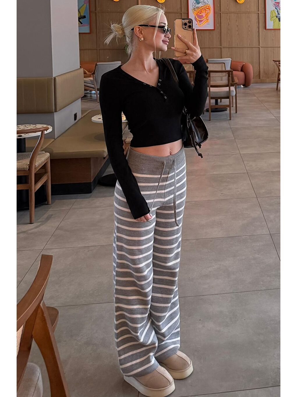 Gri Çizgili Kadın Triko Pantolon Mg2342-1