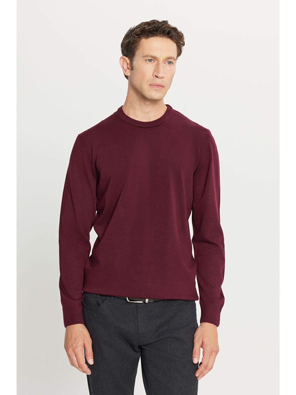 Erkek Bordo Anti-Pilling Tüylenme Yapmayan Standart Fit Normal Kesim Bisiklet Yaka Triko Kazak-2