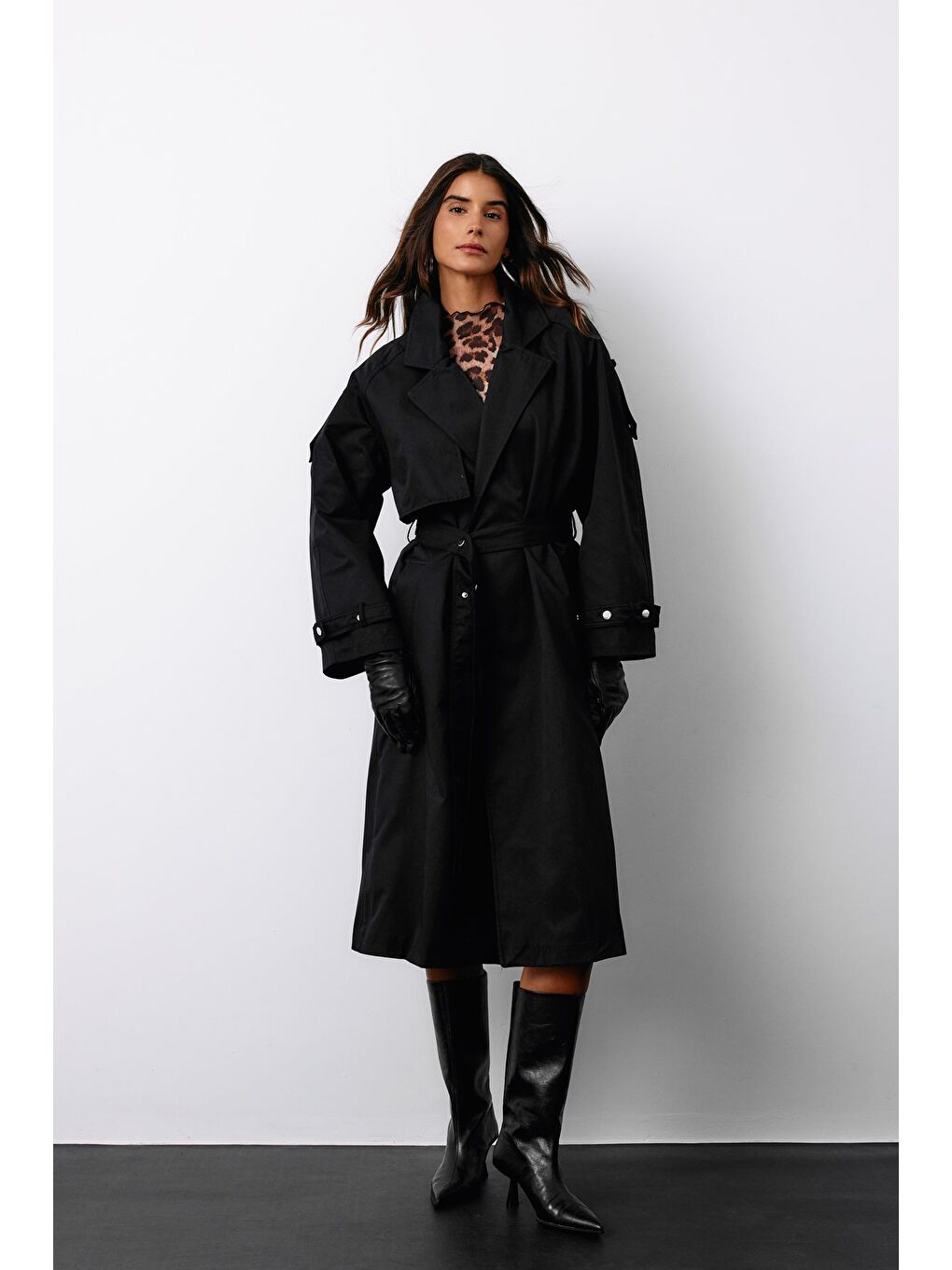 Kuşaklı Uzun Trençkot - Siyah-2