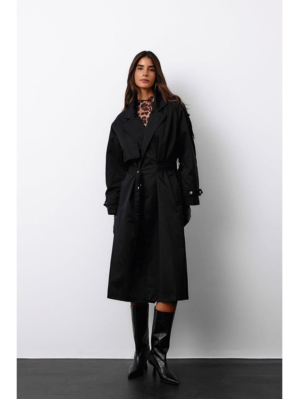 Kuşaklı Uzun Trençkot - Siyah-3