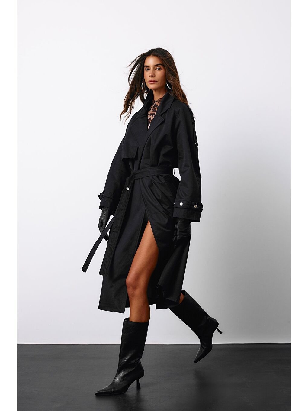 Kuşaklı Uzun Trençkot - Siyah-4