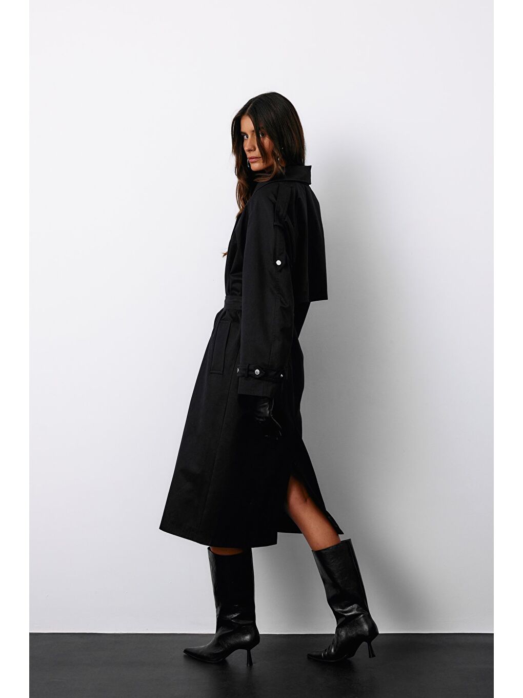 Kuşaklı Uzun Trençkot - Siyah-6