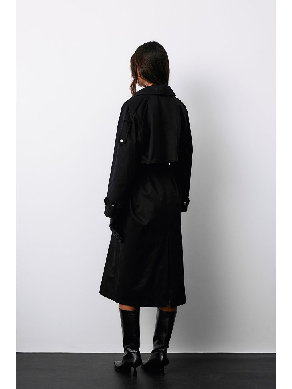 Kuşaklı Uzun Trençkot - Siyah-7